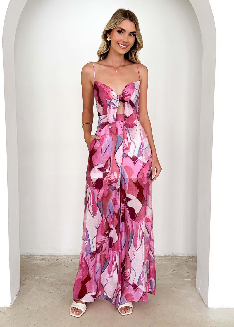 Annalise Printed Suspender Strap Long Dress