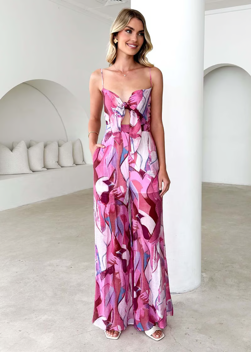 Annalise Printed Suspender Strap Long Dress