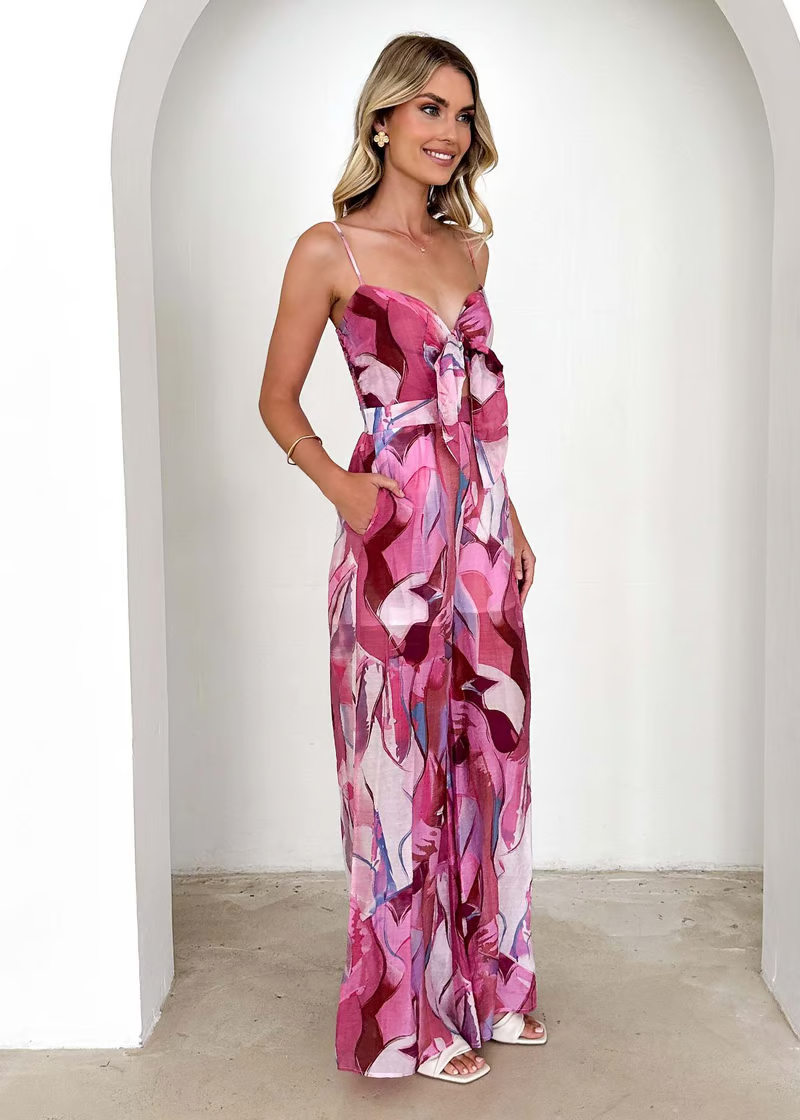 Annalise Printed Suspender Strap Long Dress
