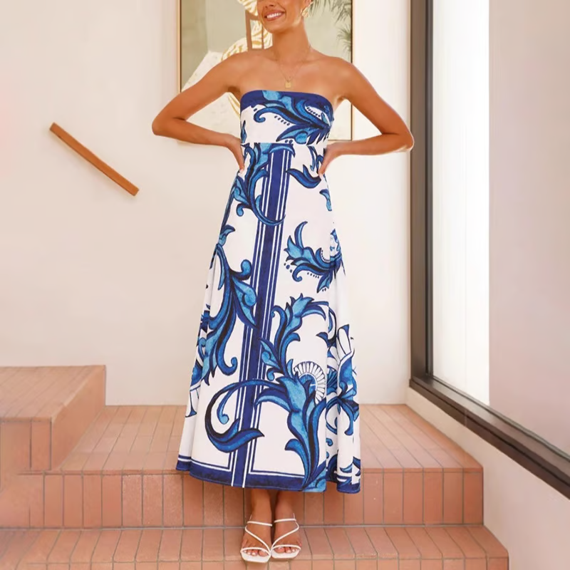Women's Vintage Print Long Tube Dress