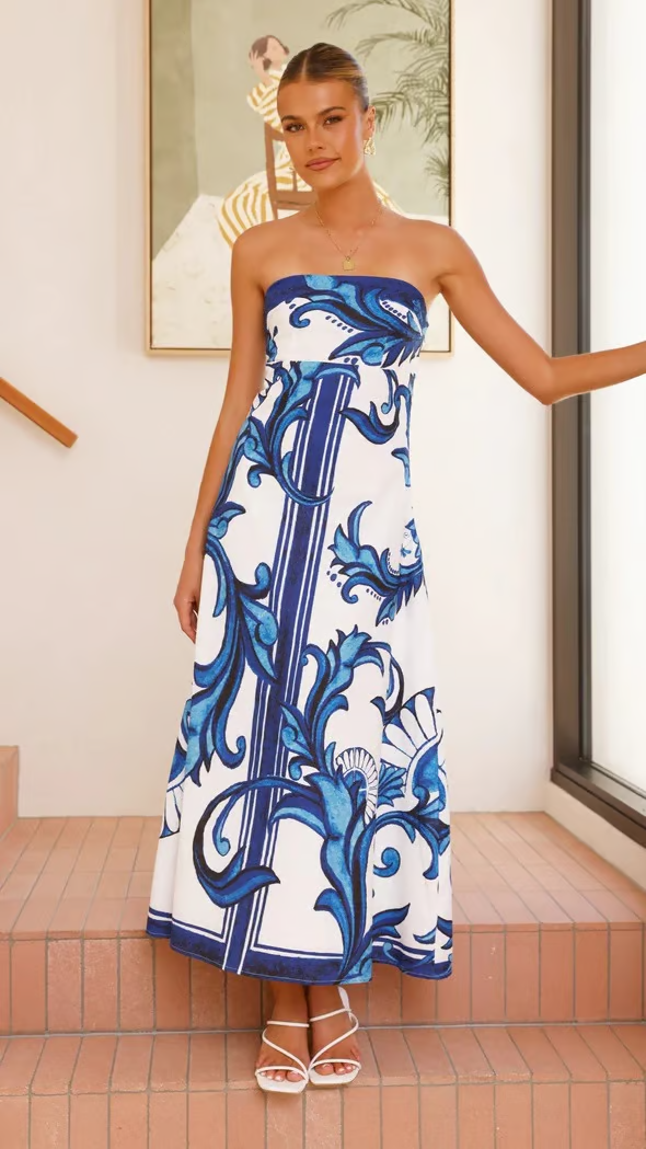 Women's Vintage Print Long Tube Dress