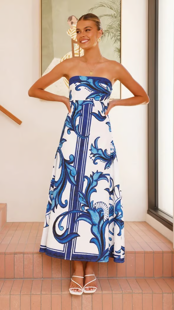 Women's Vintage Print Long Tube Dress