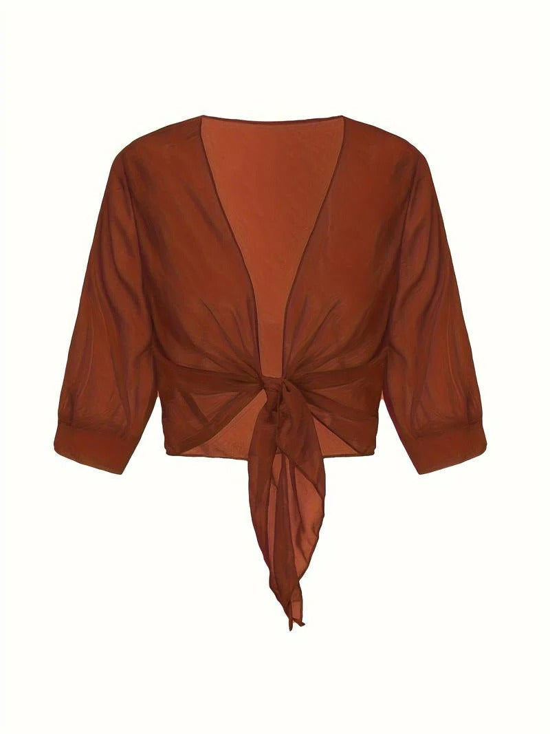 Women's Sheer Chiffon Tie Front Crop Cardigan