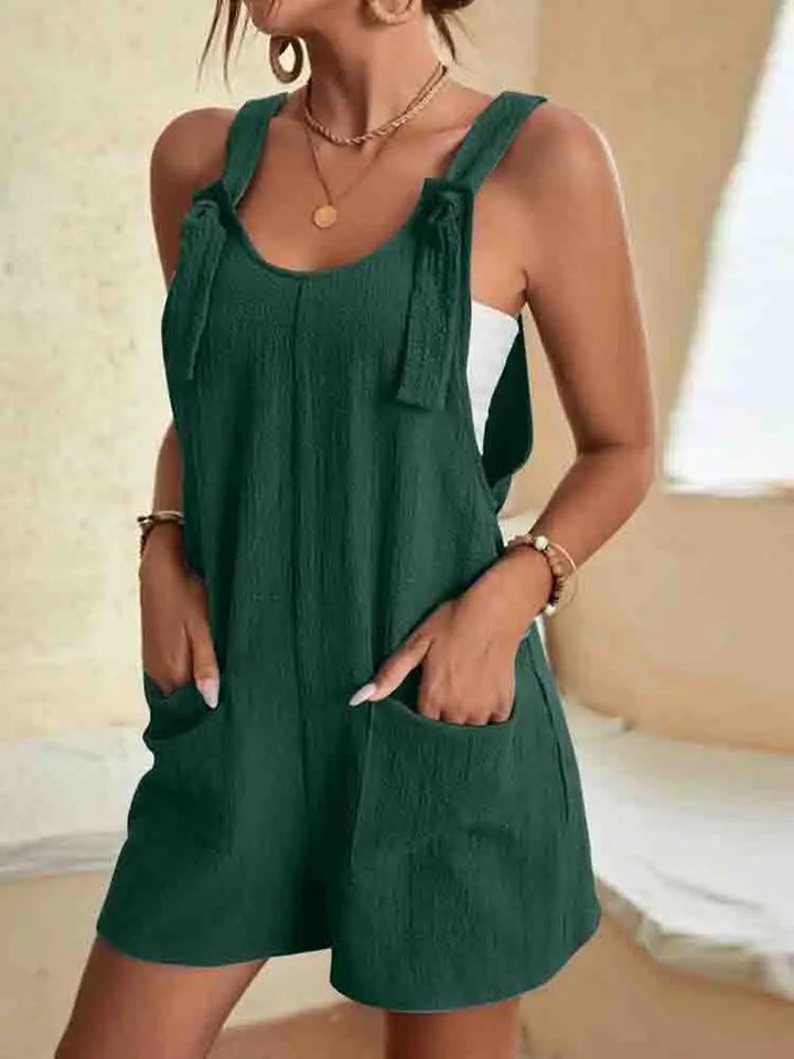 Women's Tie Strap Linen Blend Romper with Pockets