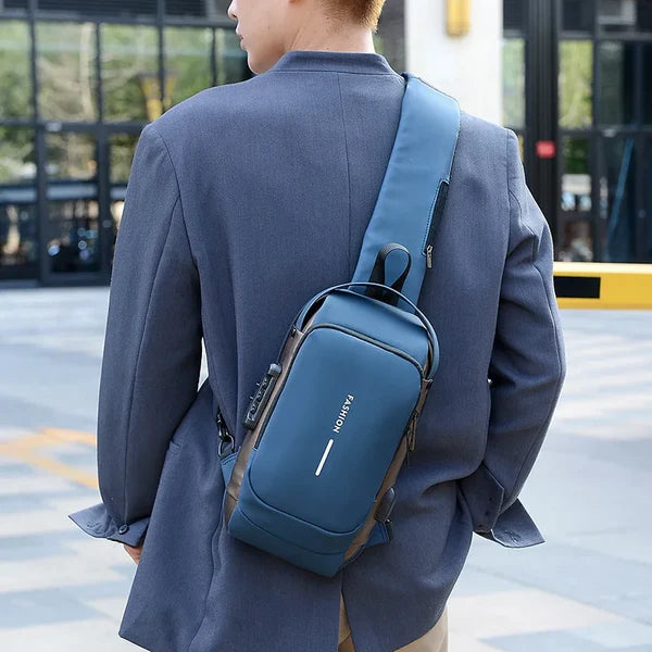 Discreet unisex anti-theft chest bag. Slim travel fanny pack with secure compartments.
