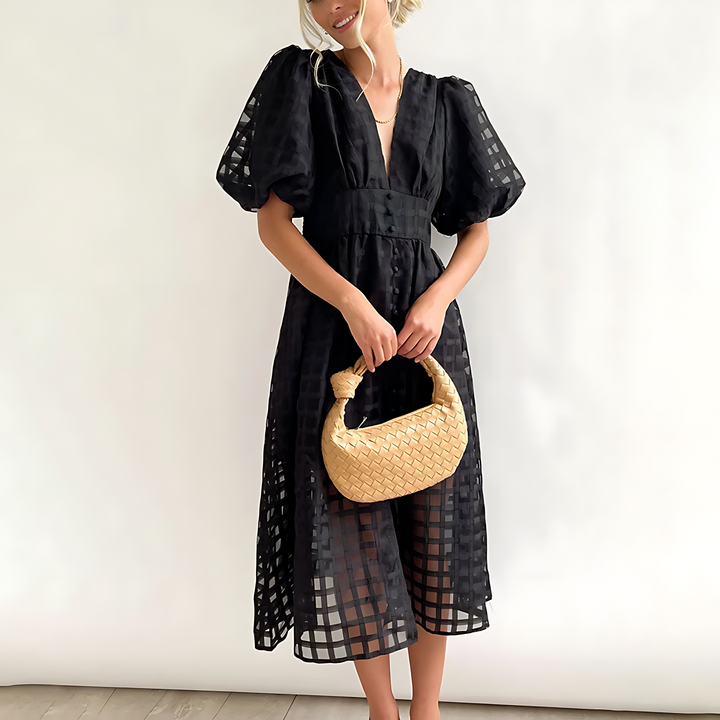 Chic women's party midi dress, vintage-inspired with a sophisticated square pattern and elegant puff sleeves.