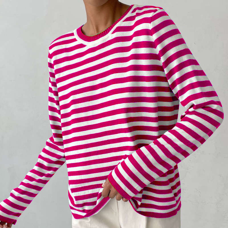 Versatile women's striped knit sweater. Long sleeve crew neck pullover, easily styled for autumn/winter outfits.