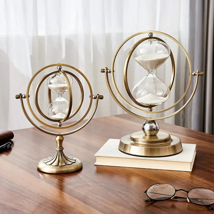 Classic metal frame hourglass with white sand, a timeless decorative object for home & office.