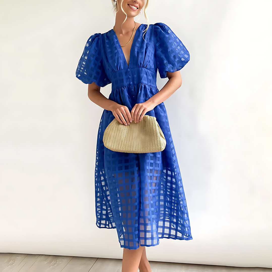 Stylish women's midi dress with an elegant square pattern, charming puff sleeves, perfect for summer events.