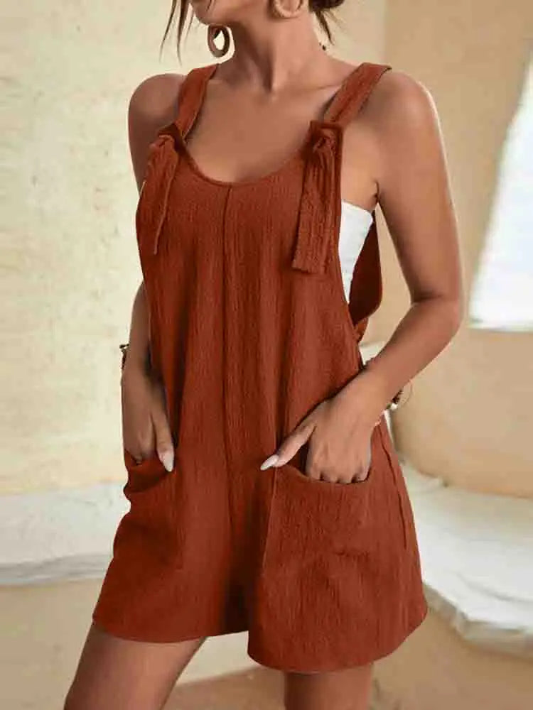Women's Tie Strap Linen Blend Romper with Pockets