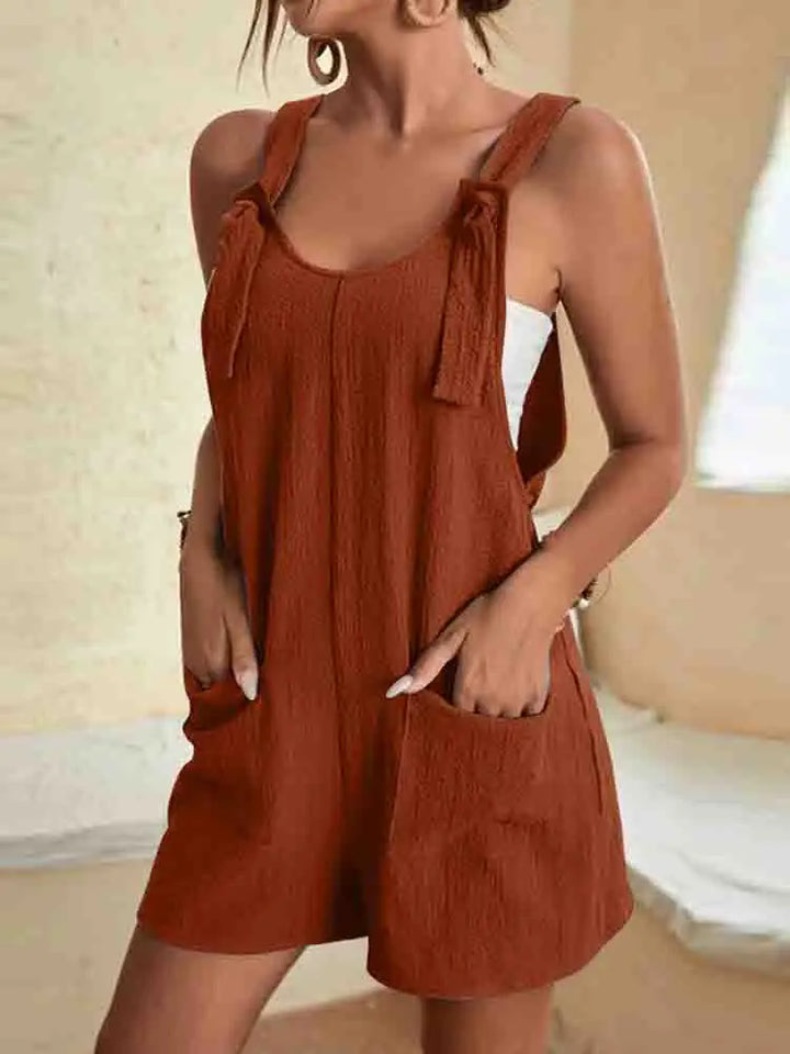 Women's Tie Strap Linen Blend Romper with Pockets