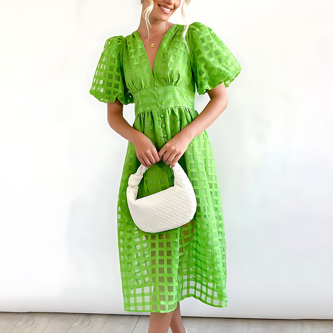 Women's elegant square pattern midi dress with puff sleeves, a perfect chic choice for summer fashion.