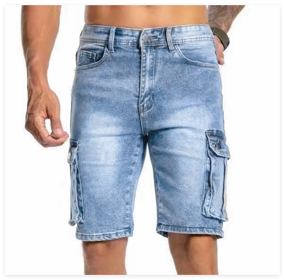 Versatile men's knee-length urban denim shorts. Durable for everyday comfort & practical casual summer outfits.