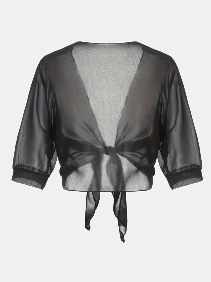Women's Sheer Chiffon Tie Front Crop Cardigan