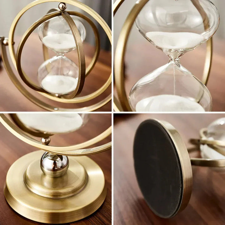 Modern metal frame hourglass sand timer, an elegant tabletop decor piece for any room.