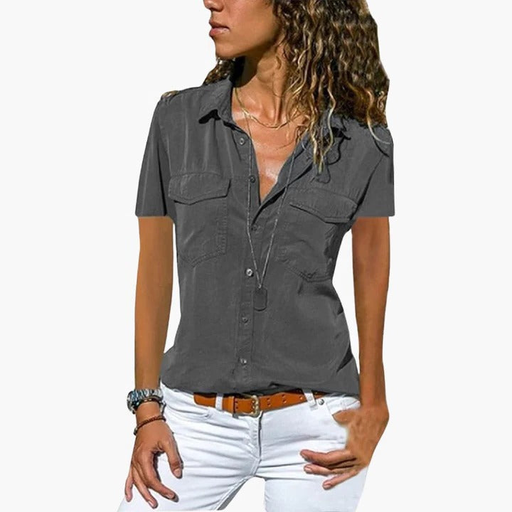 Mila | Women's Short Sleeve Button Down Shirt Chest Pocket Top