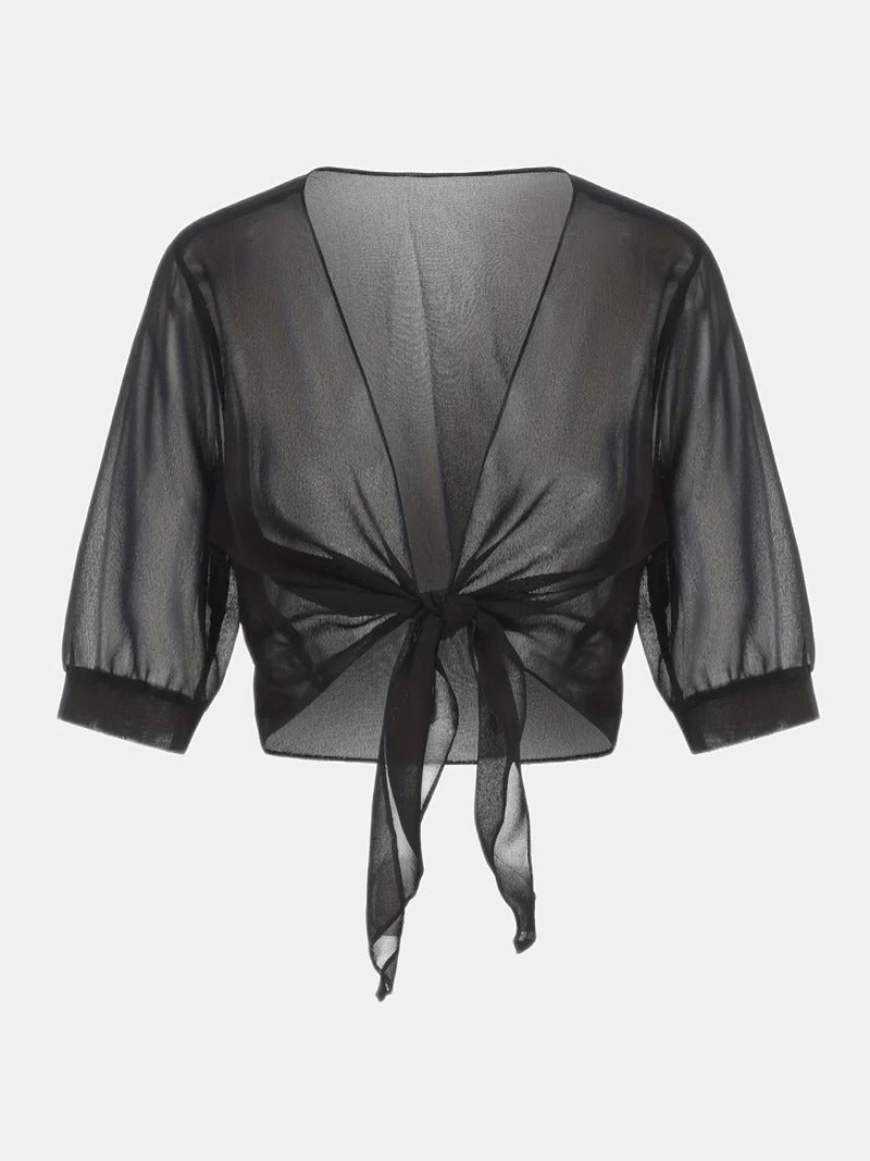 Women's Sheer Chiffon Tie Front Crop Cardigan