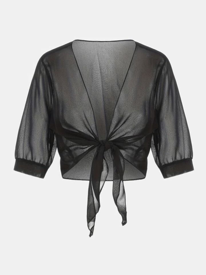 Women's Sheer Chiffon Tie Front Crop Cardigan