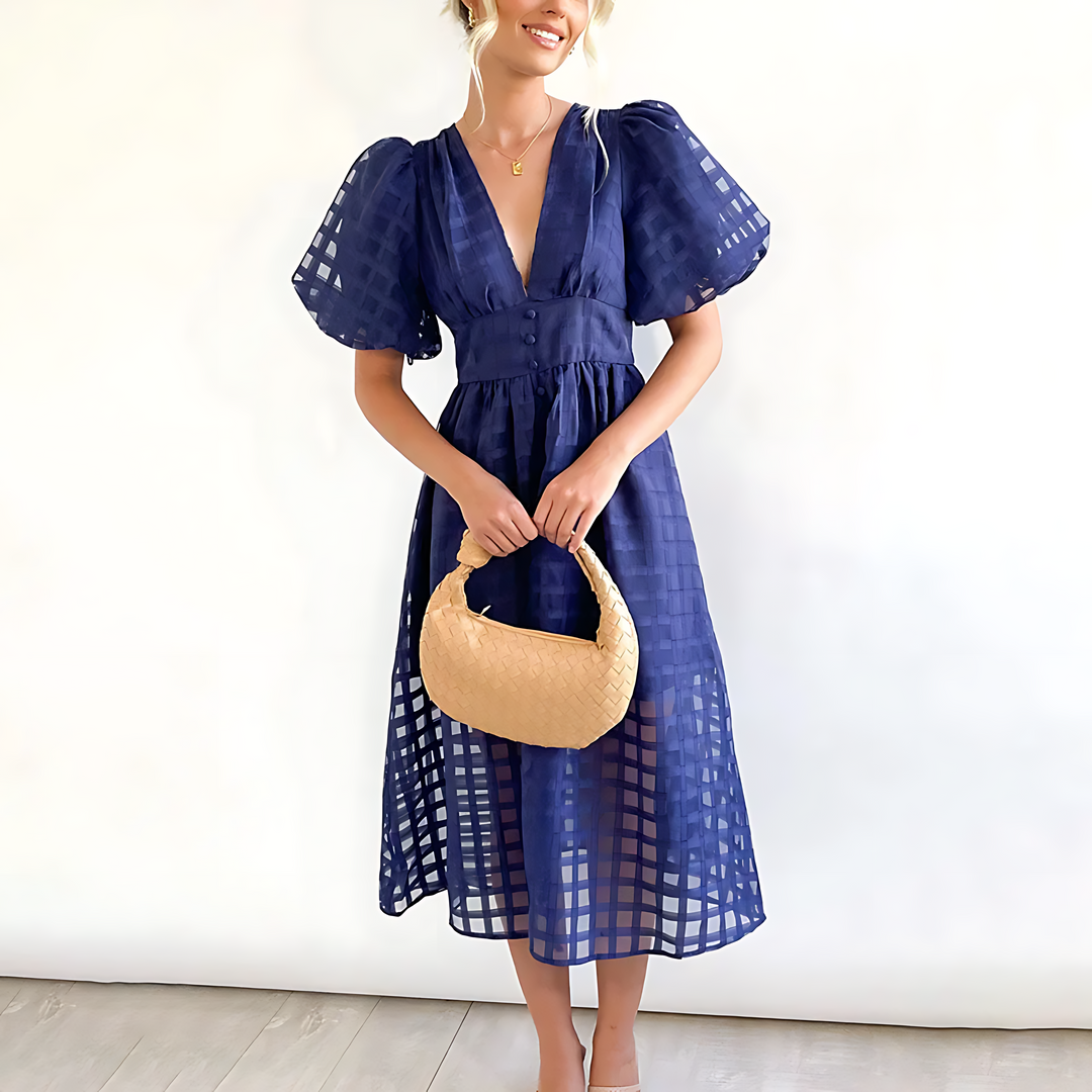 Fashionable women's elegant midi summer dress featuring a stylish square pattern & on-trend puff sleeves.