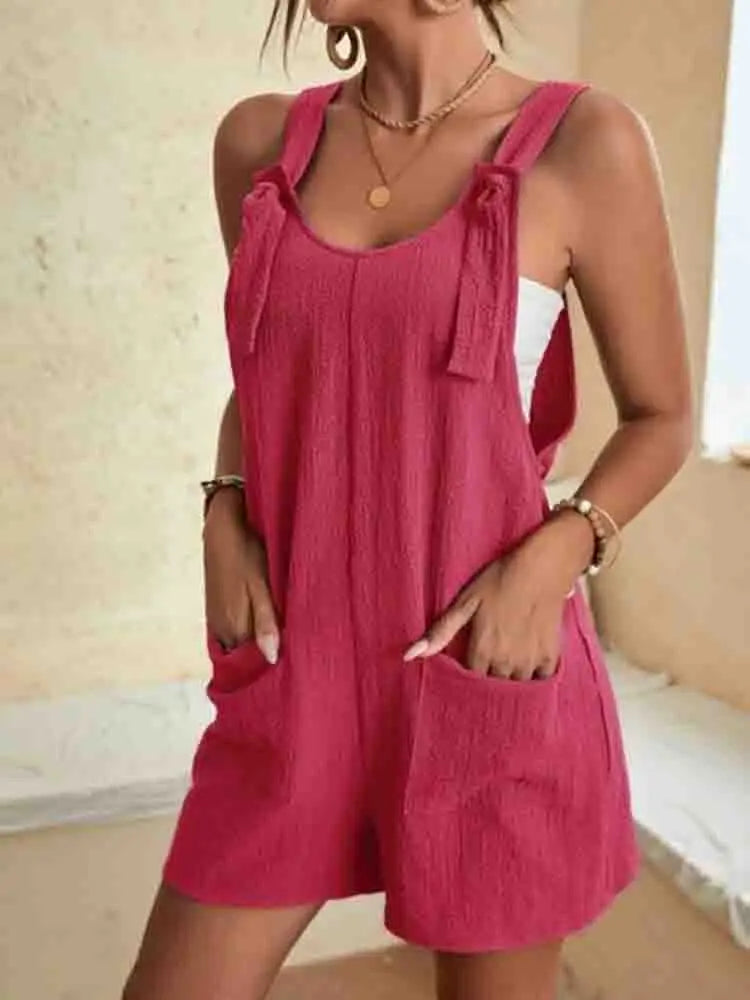 Women's Tie Strap Linen Blend Romper with Pockets