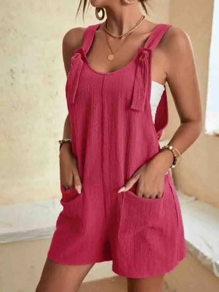Women's Tie Strap Linen Blend Romper with Pockets