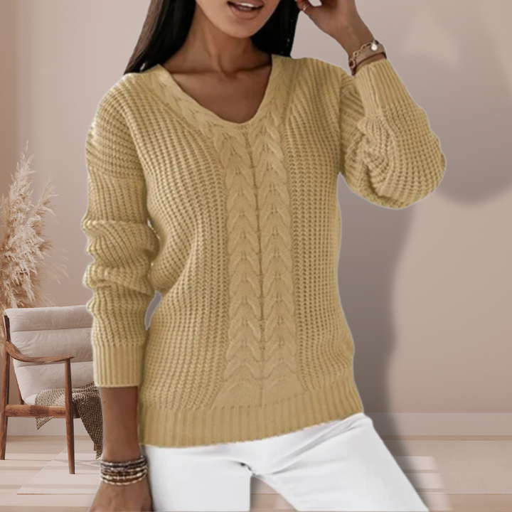 Elegant women's V-neck long sleeve sweater, ideal for cozy layering or a chic casual look in winter.