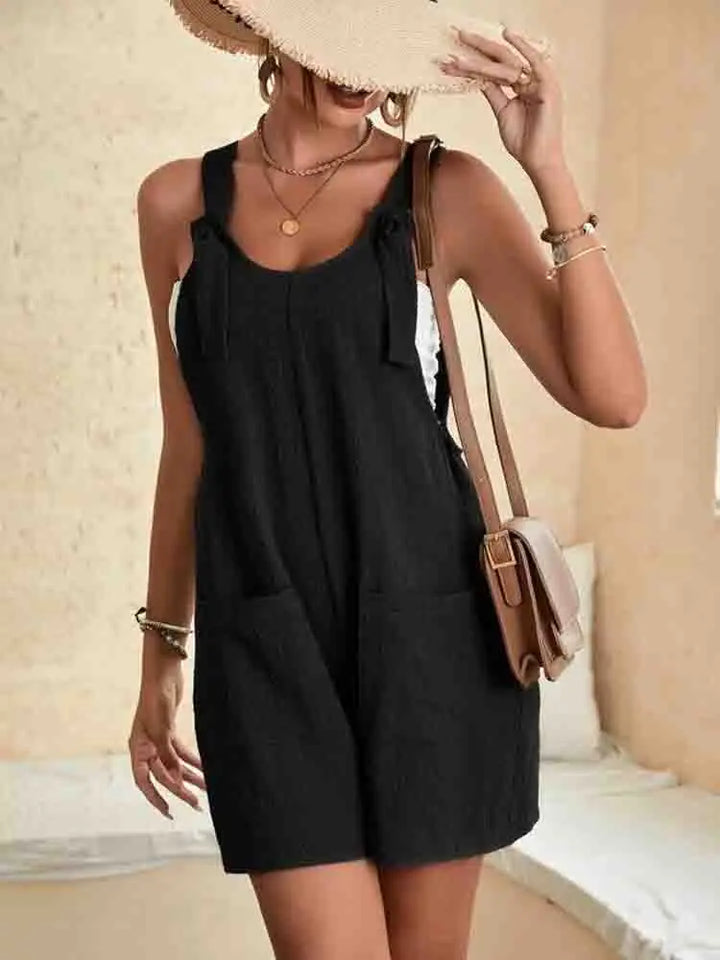 Women's Tie Strap Linen Blend Romper with Pockets