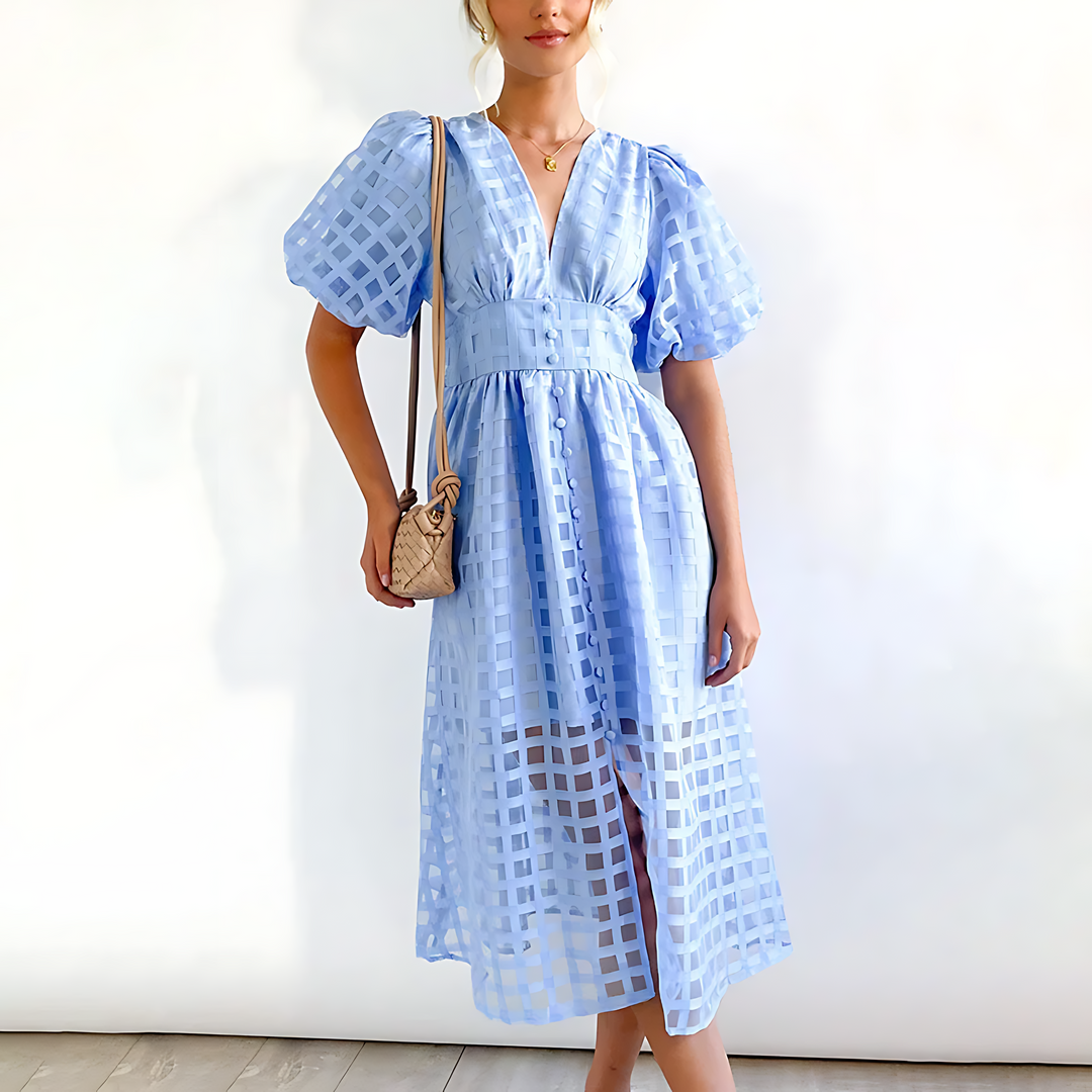 Versatile women's elegant square pattern midi dress with puff sleeves, ideal for summer and occasion wear.