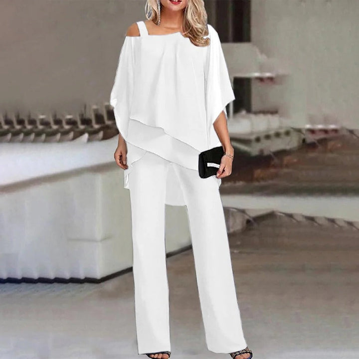 Women's Cold Shoulder Chiffon Overlay Wide Leg Jumpsuit Set