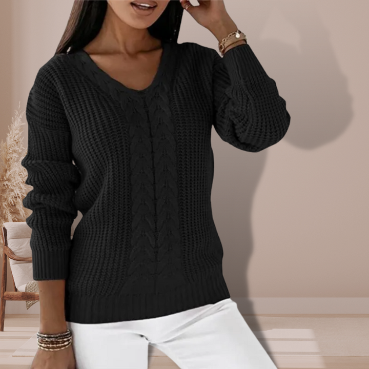 Cozy women's V-neck long sleeve sweater, a comfortable and versatile top for everyday elegant casual style.