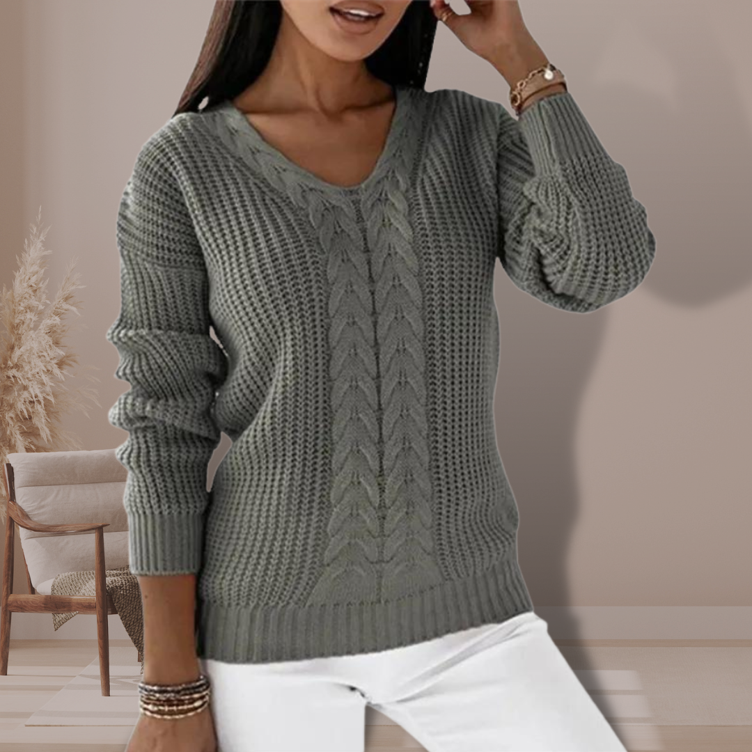 Women's chic V-neck long sleeve knit sweater in a cozy, versatile autumn style. Perfect for casual wear.