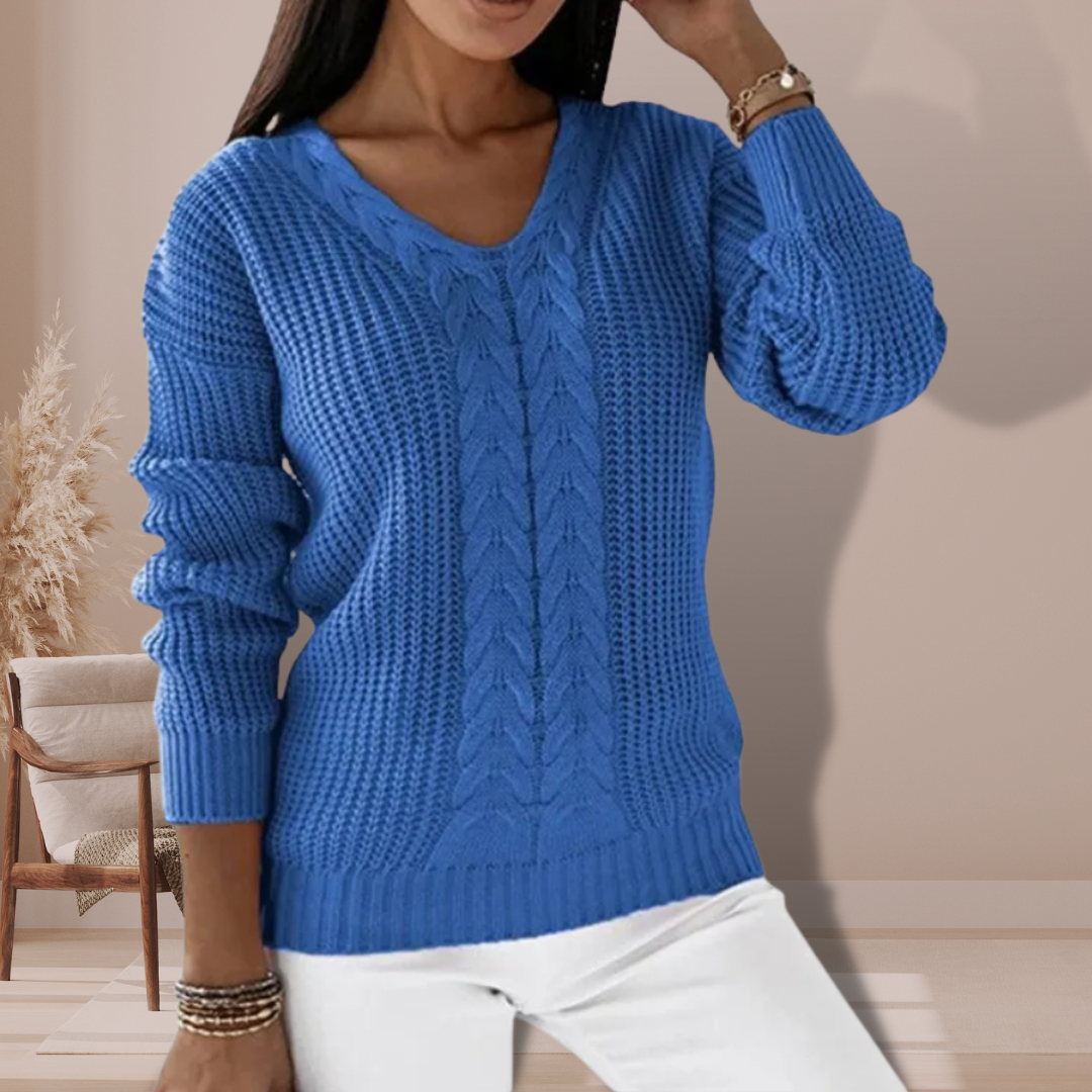 Soft knit women's V-neck long sleeve sweater. A cozy and comfortable top, great for autumn & winter fashion.