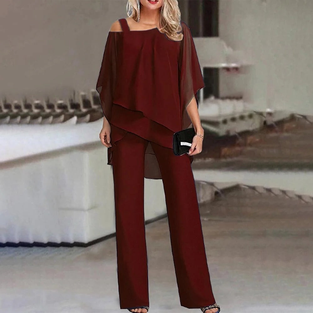 Women's Cold Shoulder Chiffon Overlay Wide Leg Jumpsuit Set