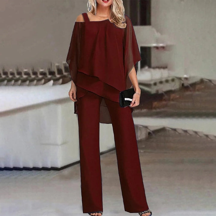 Women's Cold Shoulder Chiffon Overlay Wide Leg Jumpsuit Set