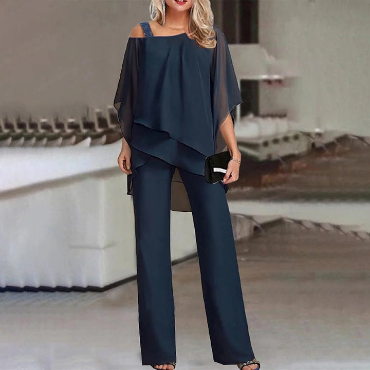 Women's Cold Shoulder Chiffon Overlay Wide Leg Jumpsuit Set