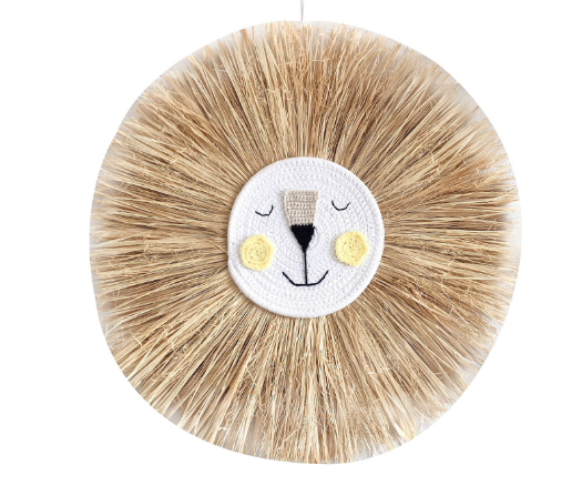 Nursery wall decor: handcrafted rattan lion art, perfect for kids' room & baby bedroom.