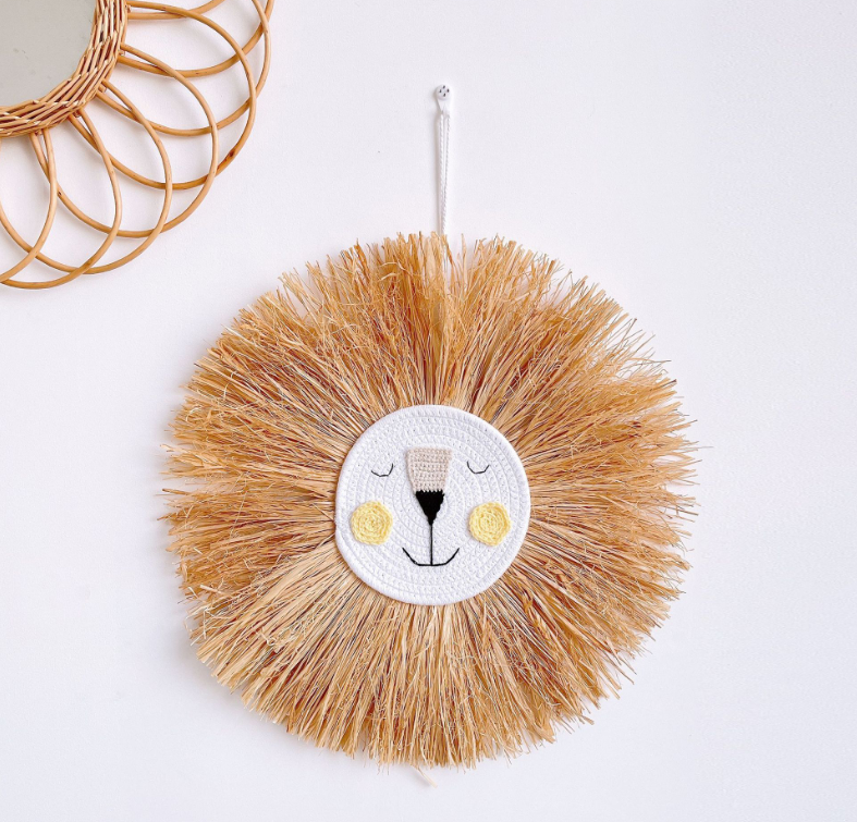 Kids' room animal wall decor, a charming rattan bear. Handmade art for children's nursery.