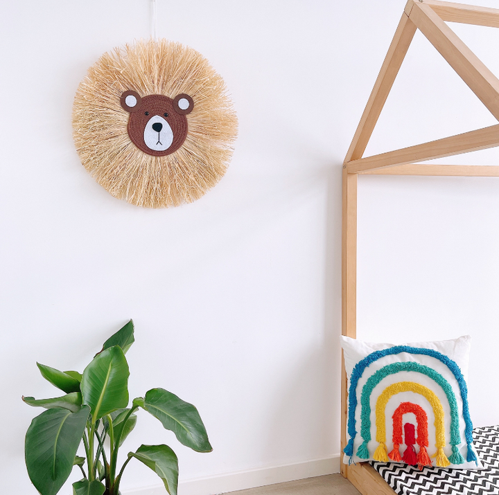 Handmade rattan animal wall art, lion & bear set, for children's nursery & kids' room decor.