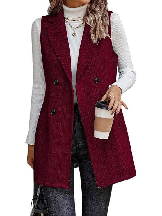 Casual women's double breasted vest blazer with classic lapel, styled for an everyday chic look.
