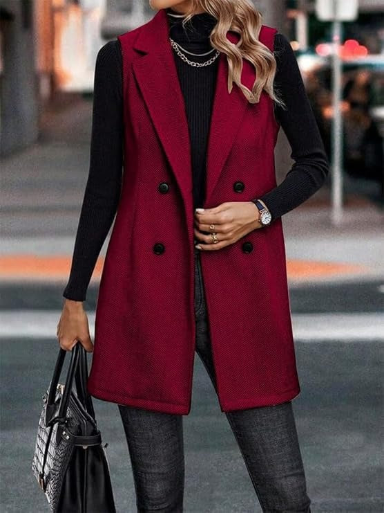 Elegant women's double breasted vest blazer with classic lapel, offering sophisticated outerwear.