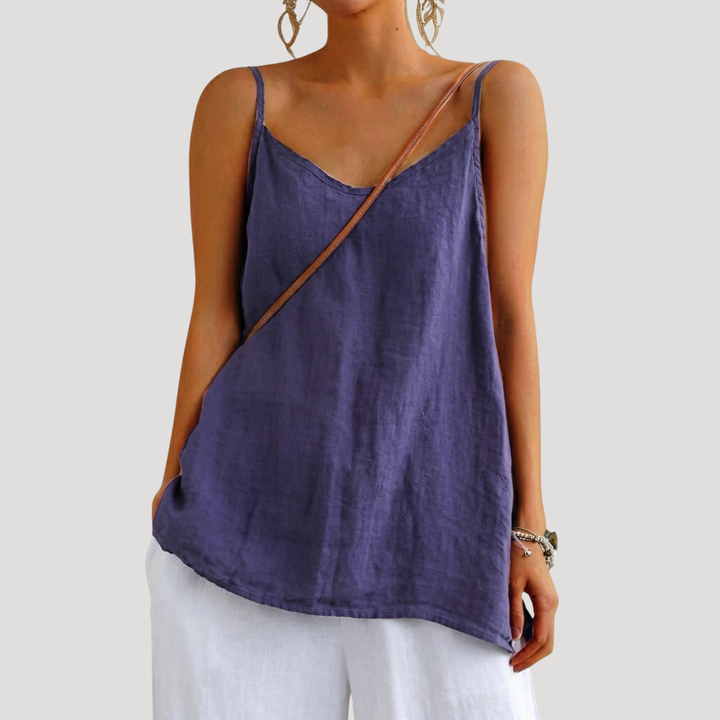 Women's V-neck spaghetti strap cami top, flowy and relaxed fit, perfect for summer casual wear.
