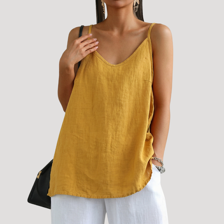 Relaxed fit women's cami top, V-neck, spaghetti straps. A comfortable, flowy sleeveless wardrobe staple for women.