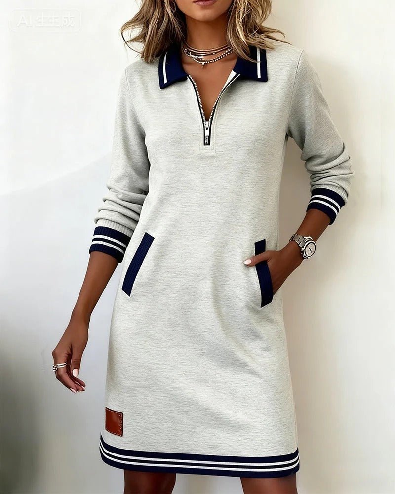 Stylish women's long sleeve collar midi dress, versatile for fall & winter casual or office elegance.