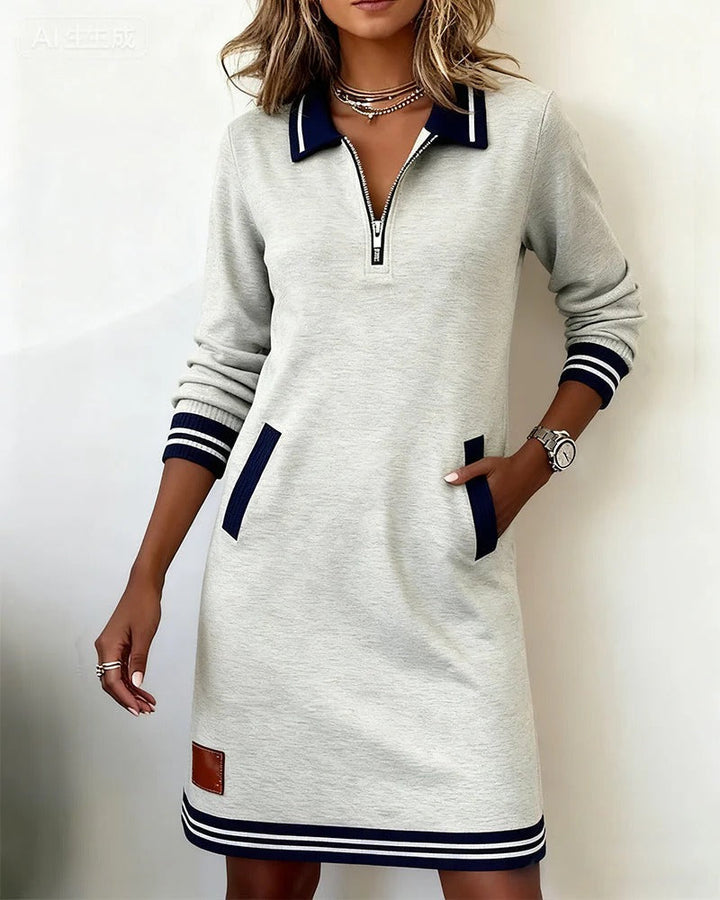 Stylish women's long sleeve collar midi dress, versatile for fall & winter casual or office elegance.