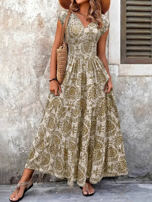 Women's Boho Smocked Waist Maxi Dress