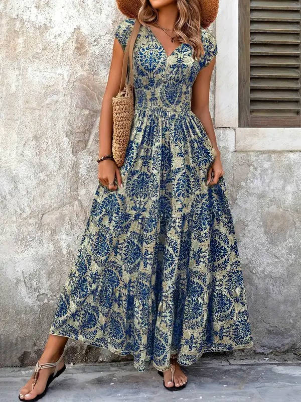 Women's Boho Smocked Waist Maxi Dress