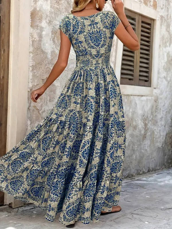 Women's Boho Smocked Waist Maxi Dress
