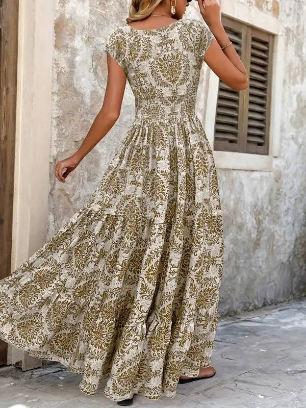 Women's Boho Smocked Waist Maxi Dress