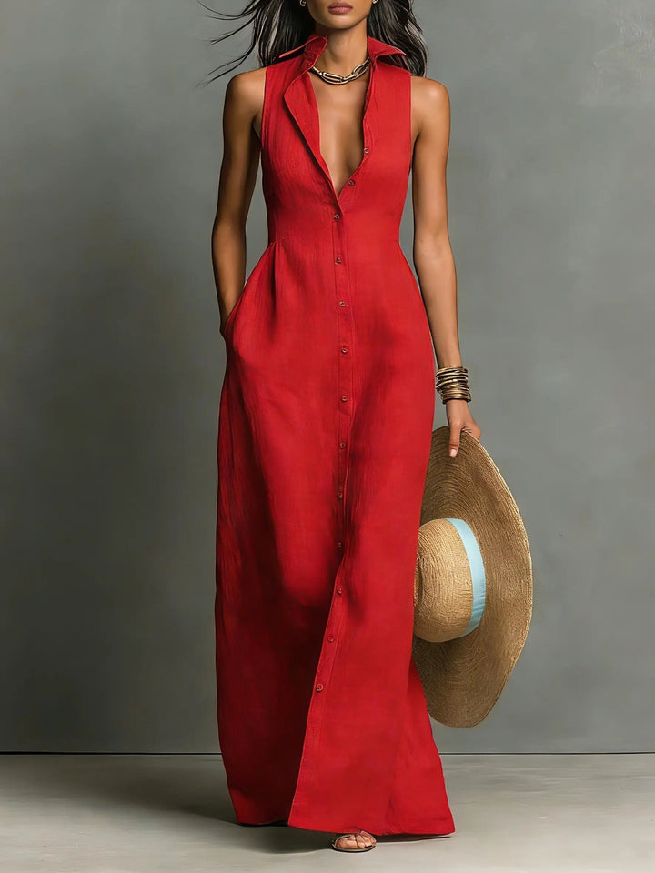 Elegant women's sleeveless maxi shirt dress with button front. Perfect for effortless style & all-day comfort.