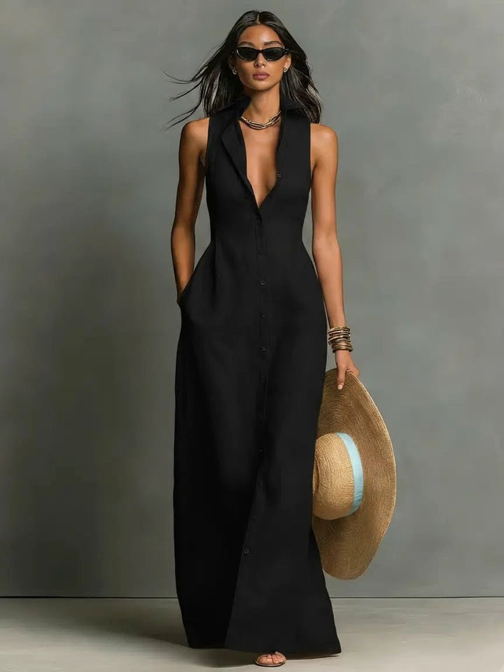 Comfortable casual women's sleeveless maxi shirt dress. Easy-to-wear for summer, beach, or resort days.